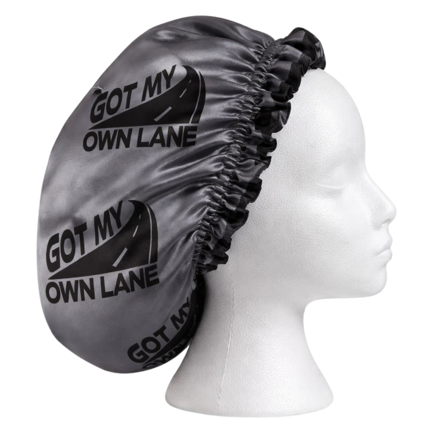 Dark grey satin hair bonnet with Got My Own Lane logo shown from side view