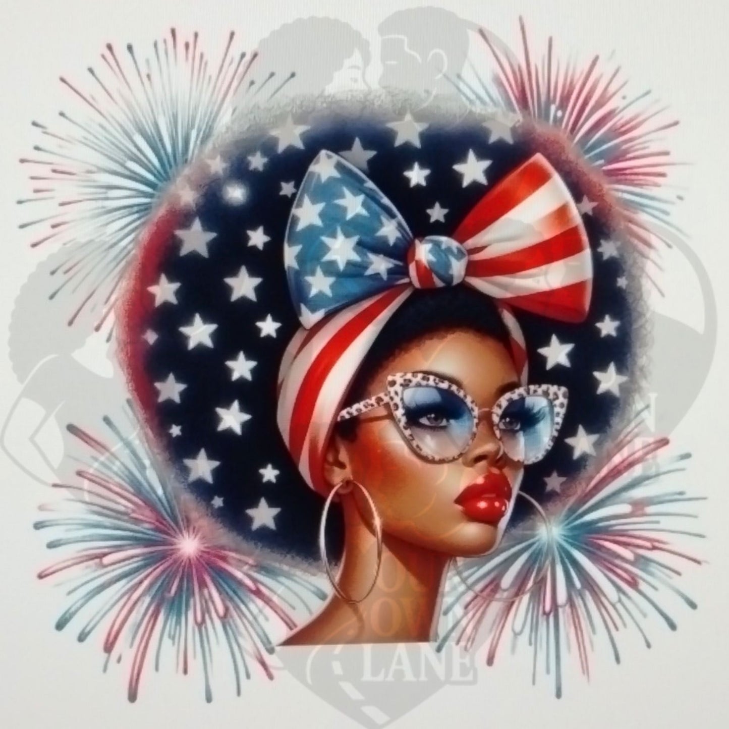 Patriotic glam graphic featuring stylish woman with star headwrap bow, cat-eye glasses, and fireworks background