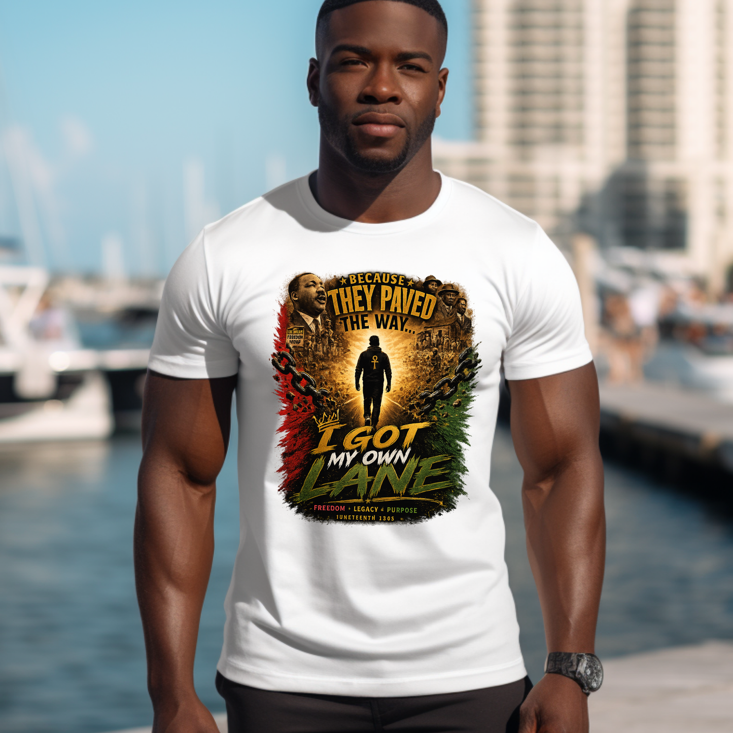 Man wearing Because They Paved The Way Juneteenth graphic tee on a white t-shirt