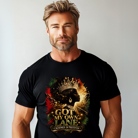 Model wearing Got My Own Lane Crowned In Freedom graphic tee on a black t-shirt