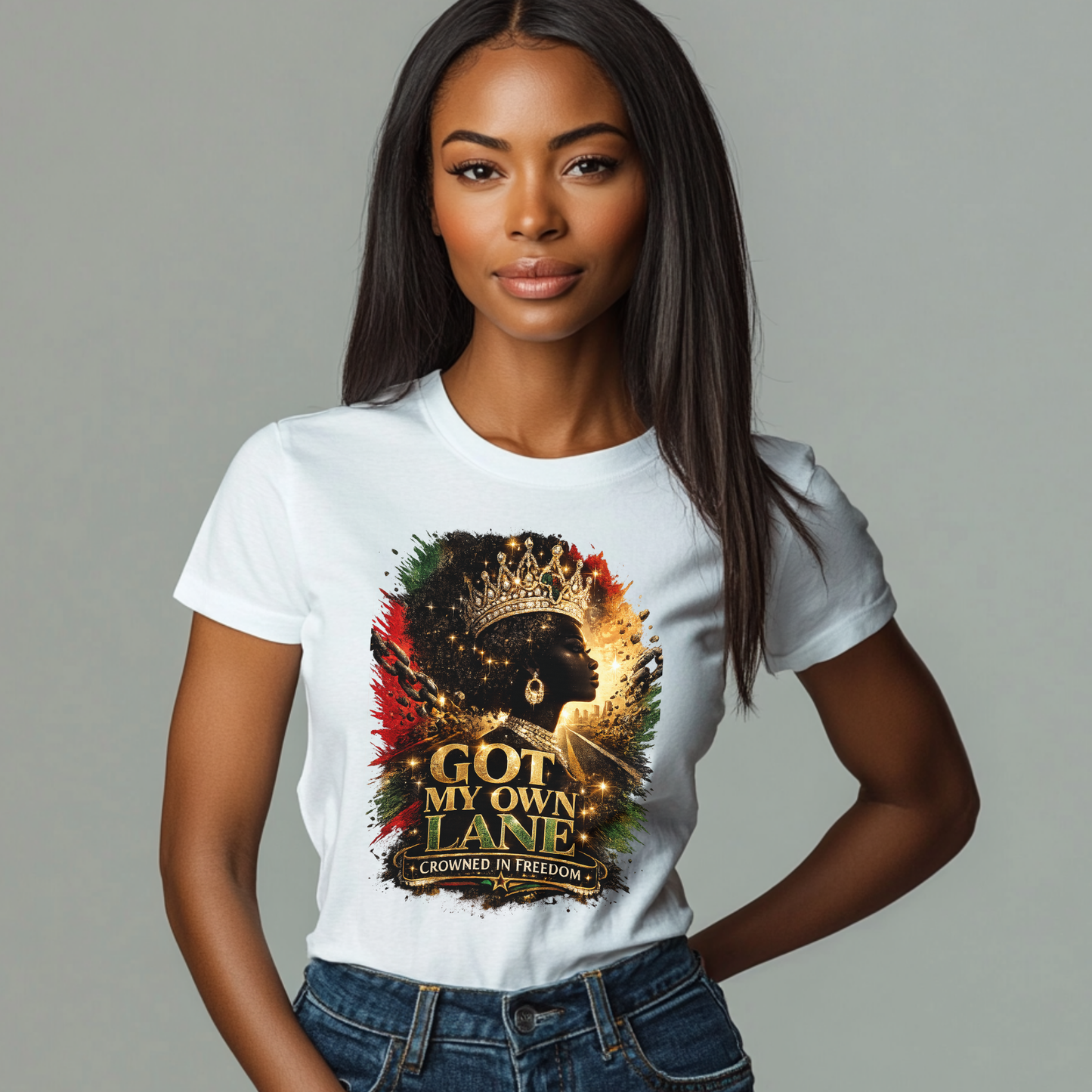 Model wearing Got My Own Lane Crowned In Freedom graphic tee on a white t-shirt