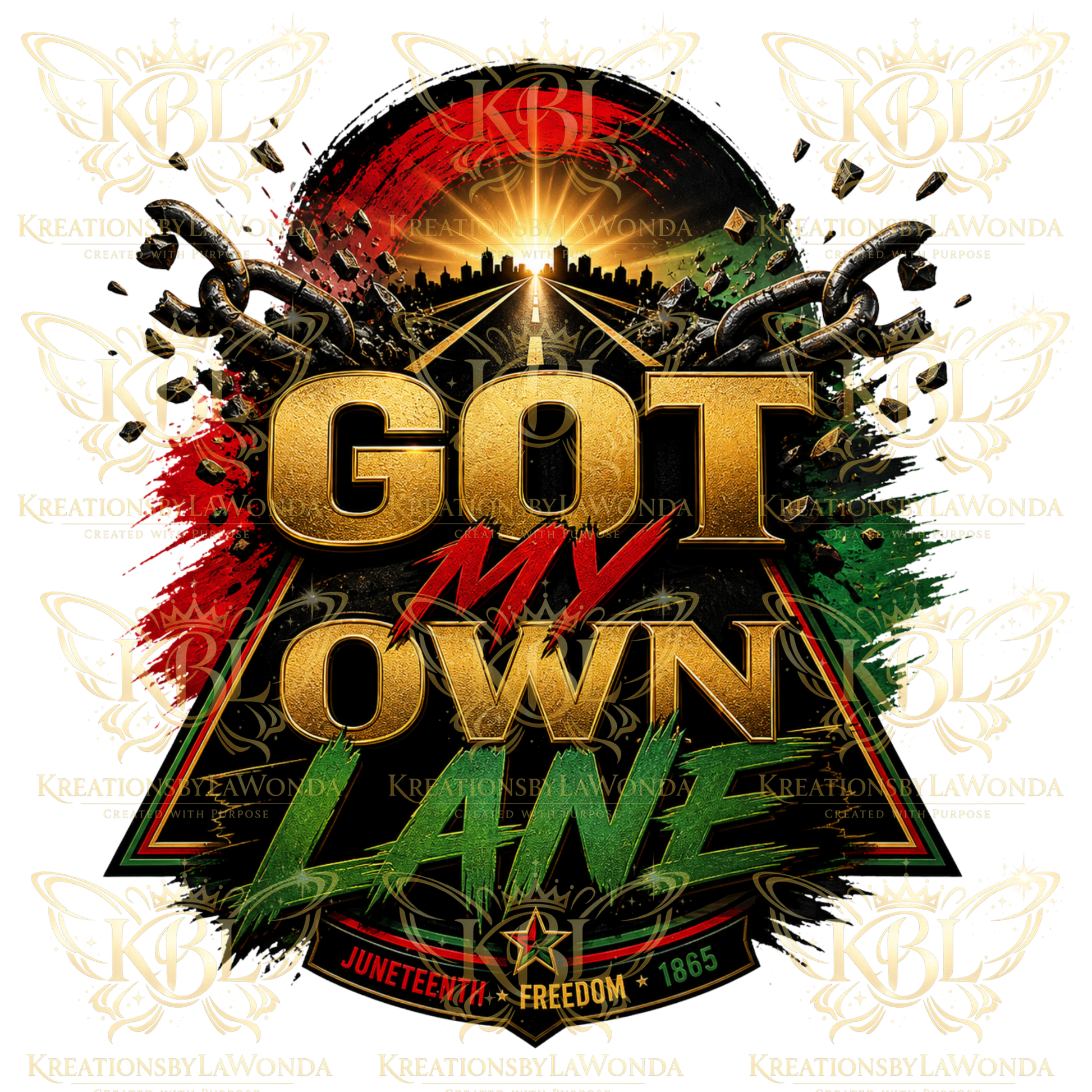 Got My Own Lane Freedom Road Juneteenth graphic featuring a road to freedom and legacy-inspired artwork