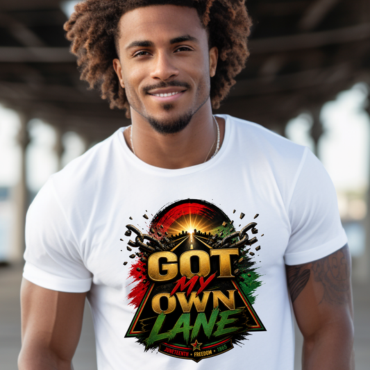 Model wearing Got My Own Lane Freedom Road graphic tee on a white t-shirt
