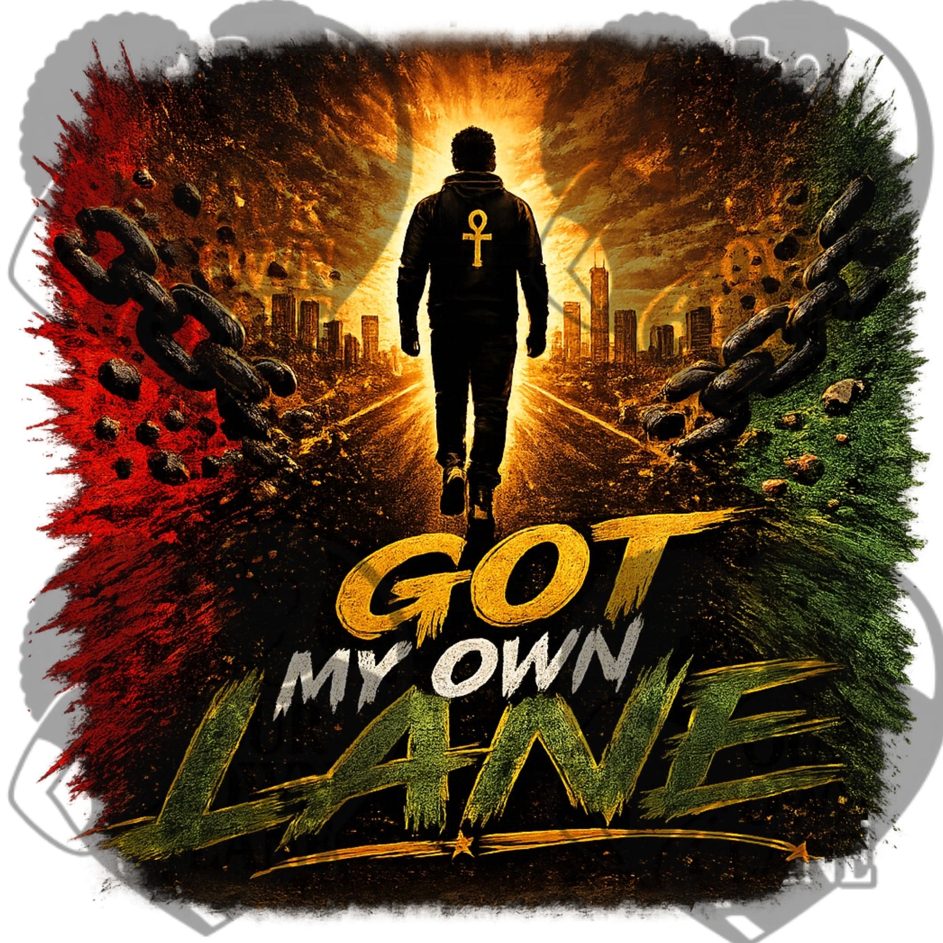 Pan African inspired Got My Own Lane graphic featuring broken chains and male figure walking toward city skyline