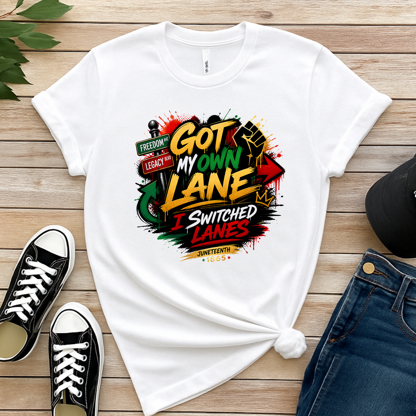 Got My Own Lane I Switched Lanes graphic displayed on a white t-shirt flat lay mockup