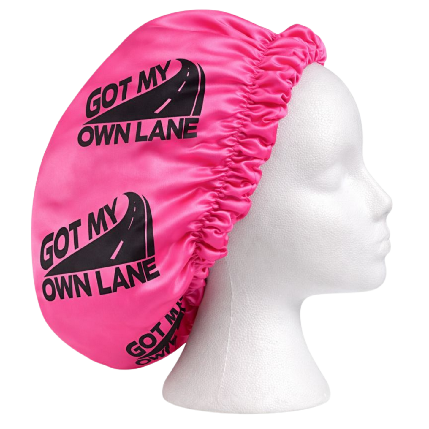 Pink satin hair bonnet with Got My Own Lane logo shown from side view