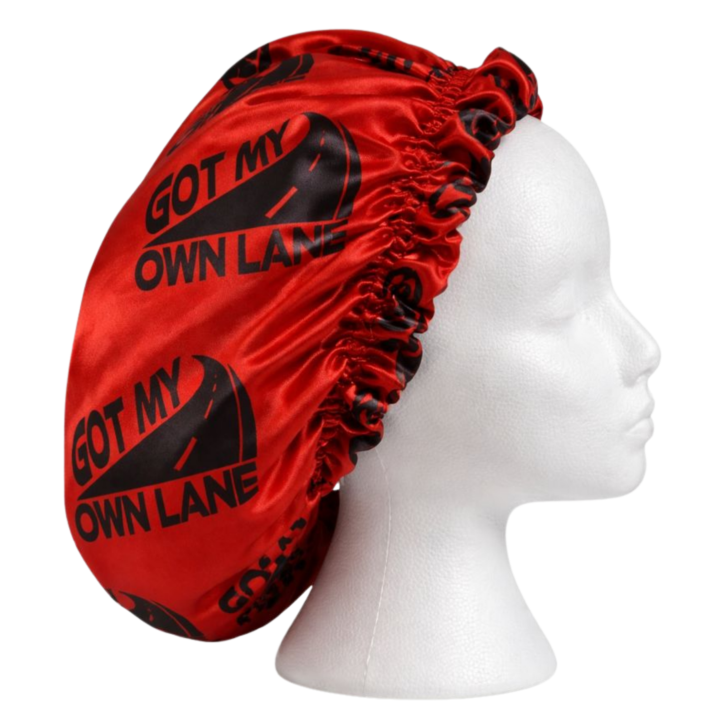 Red satin hair bonnet with Got My Own Lane logo shown from side view