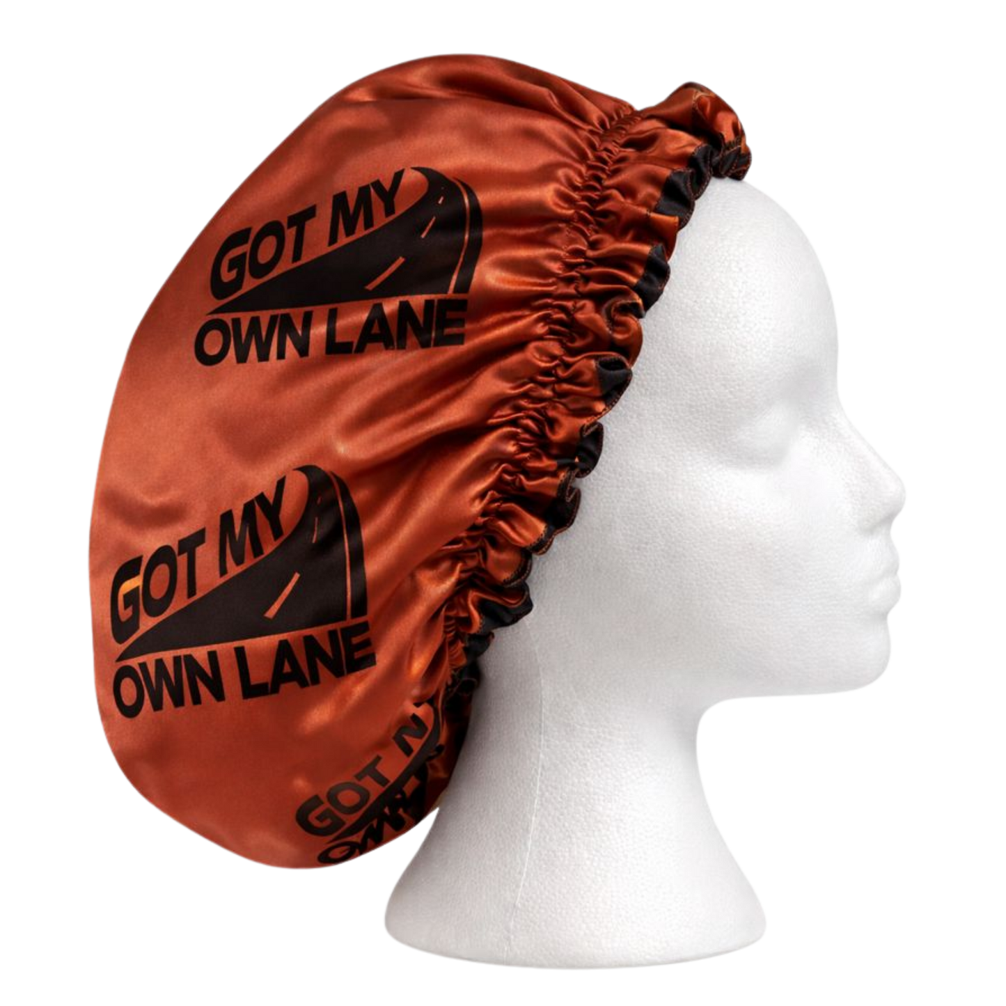 Rust satin hair bonnet with Got My Own Lane logo shown from side view