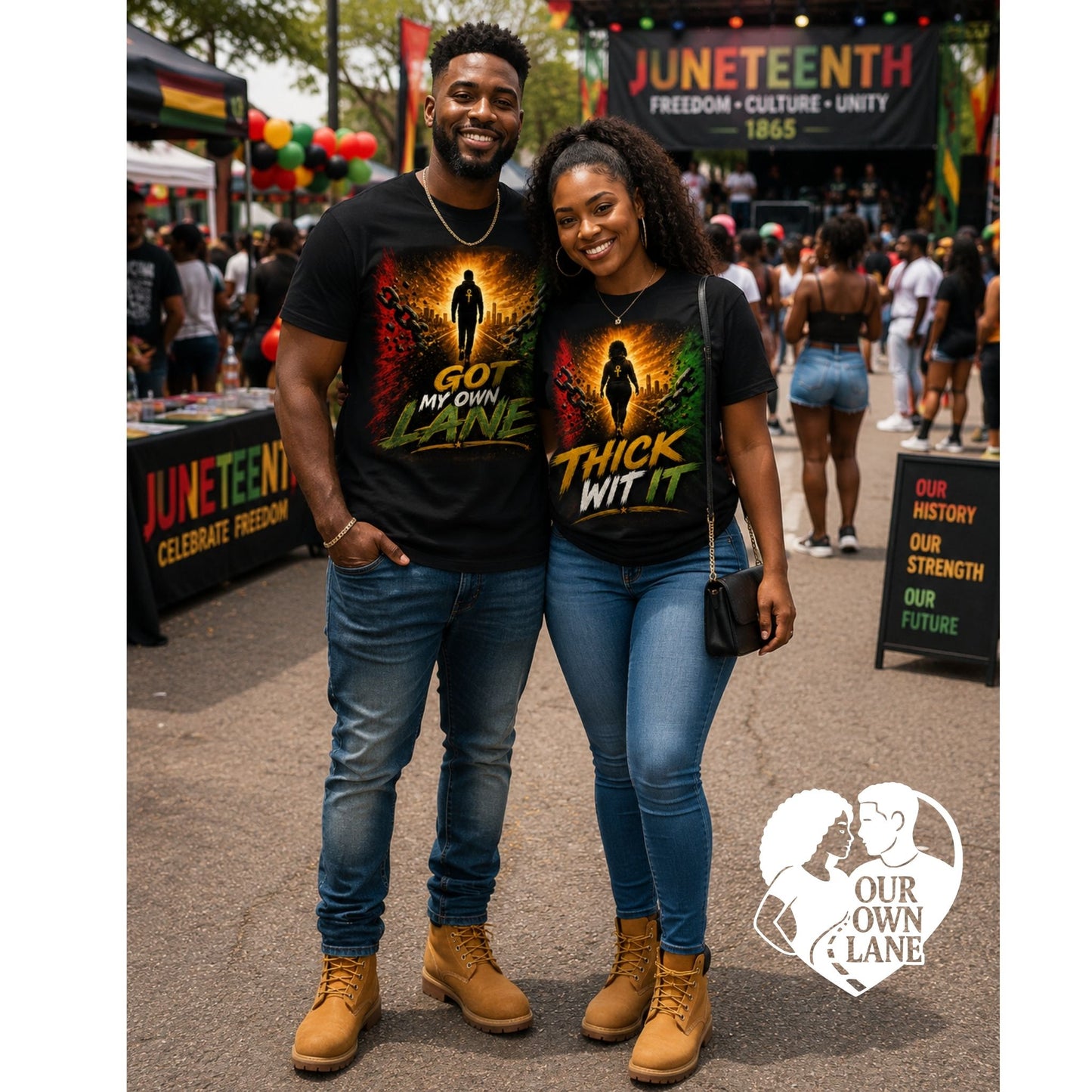 Black couple at a Juneteenth celebration wearing matching empowerment t-shirts featuring Got My Own Lane and Thick Wit It graphics in Pan African colors.