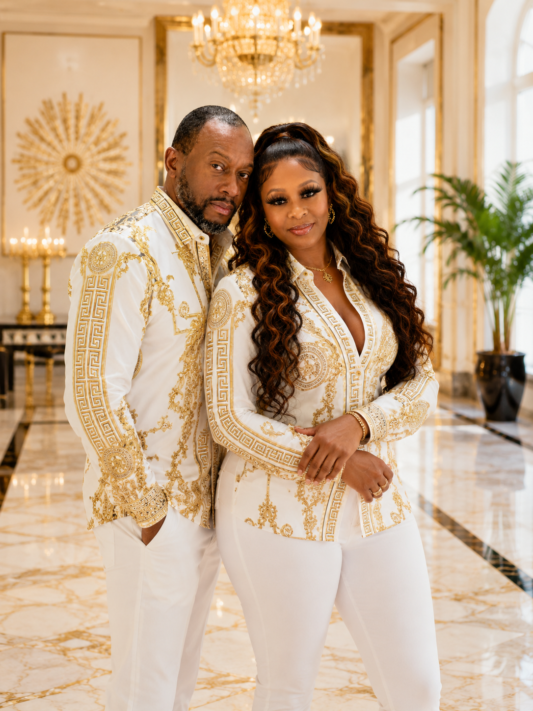 Derrell and Earline Strickland, founders of Our Own Lane, wearing matching designer outfits and welcoming visitors with confidence, faith, and family values.