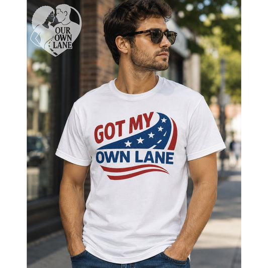 White unisex t-shirt featuring Got My Own Lane patriotic graphic by Our Own Lane