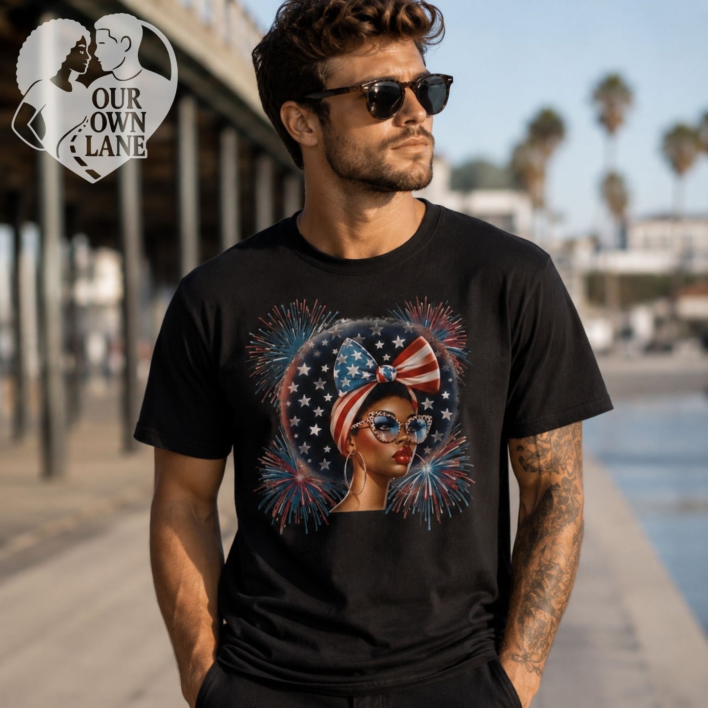 Black unisex t-shirt featuring patriotic glam graphic by Our Own Lane