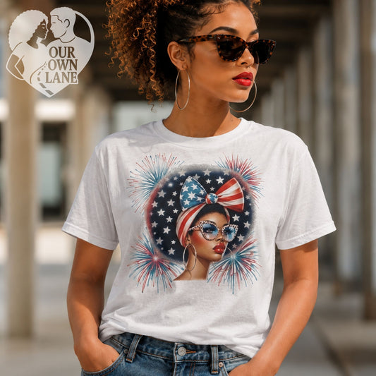 White unisex t-shirt featuring patriotic glam graphic by Our Own Lane