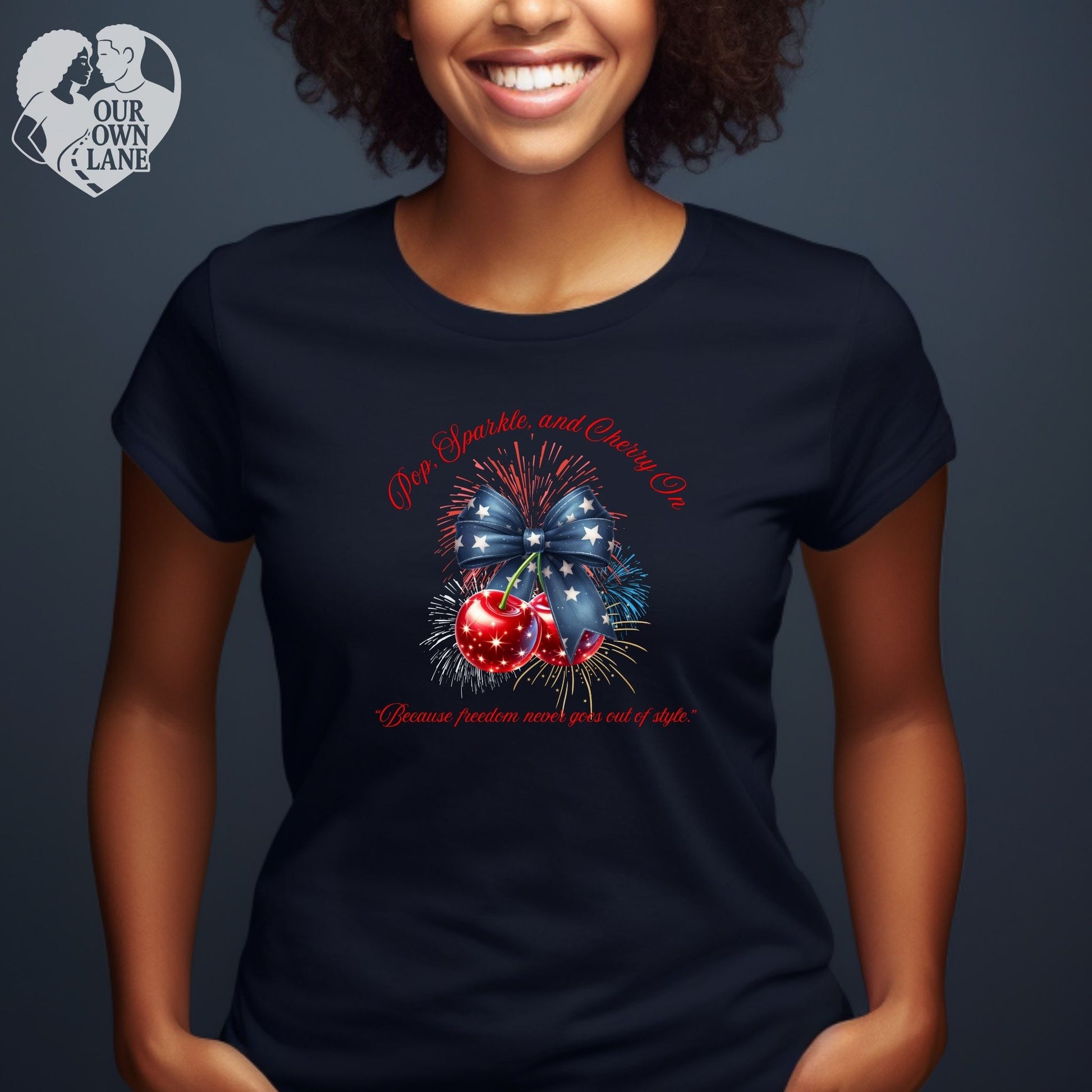 Black unisex t-shirt featuring Pop Sparkle and Cherry On patriotic cherry graphic by Our Own Lane