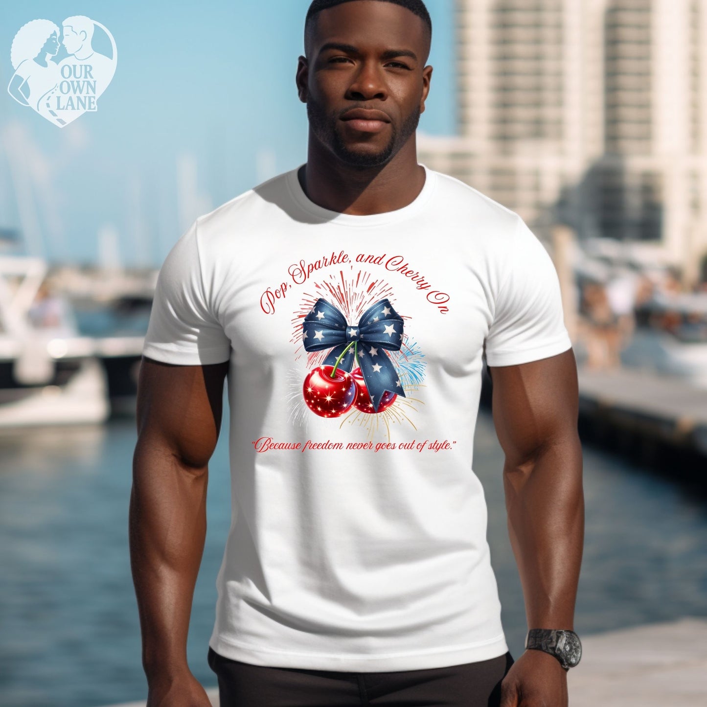 White unisex t-shirt featuring Pop Sparkle and Cherry On patriotic cherry graphic by Our Own Lane