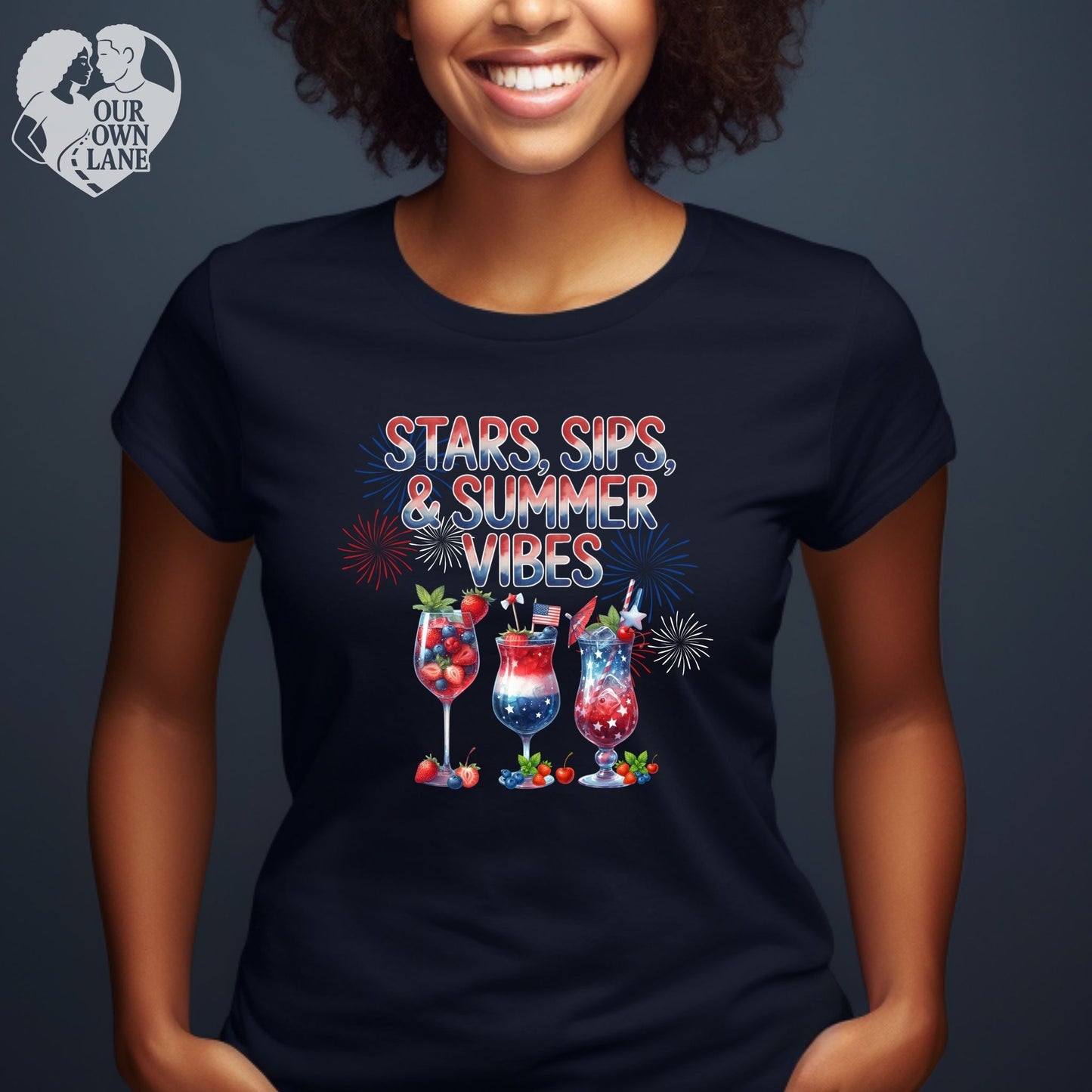 Black unisex t-shirt featuring Stars Sips and Summer Vibes patriotic summer graphic by Our Own Lane