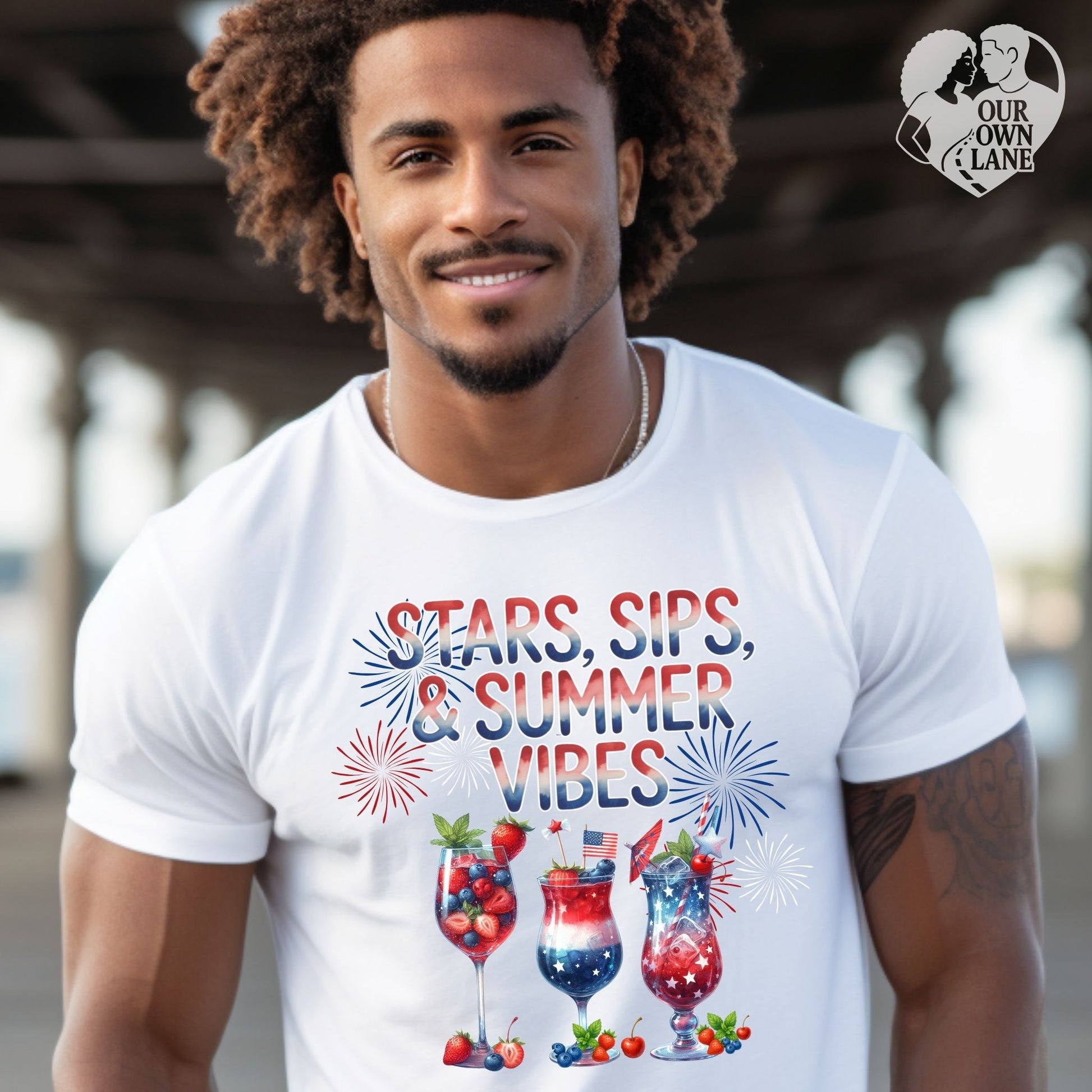 White unisex t-shirt featuring Stars Sips and Summer Vibes patriotic summer graphic by Our Own Lane