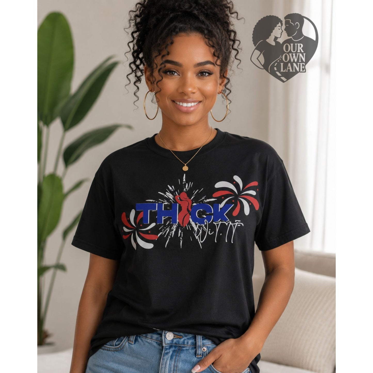 Female model wearing black Thick W It patriotic graphic t-shirt by Our Own Lane