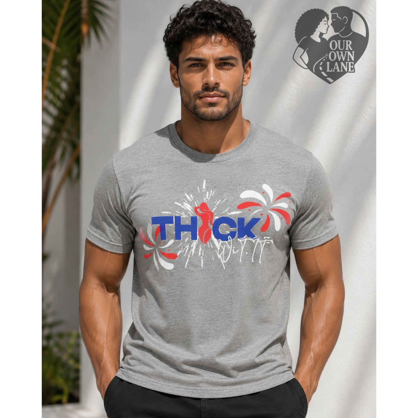 Male model wearing gray Thick W It patriotic graphic t-shirt by Our Own Lane
