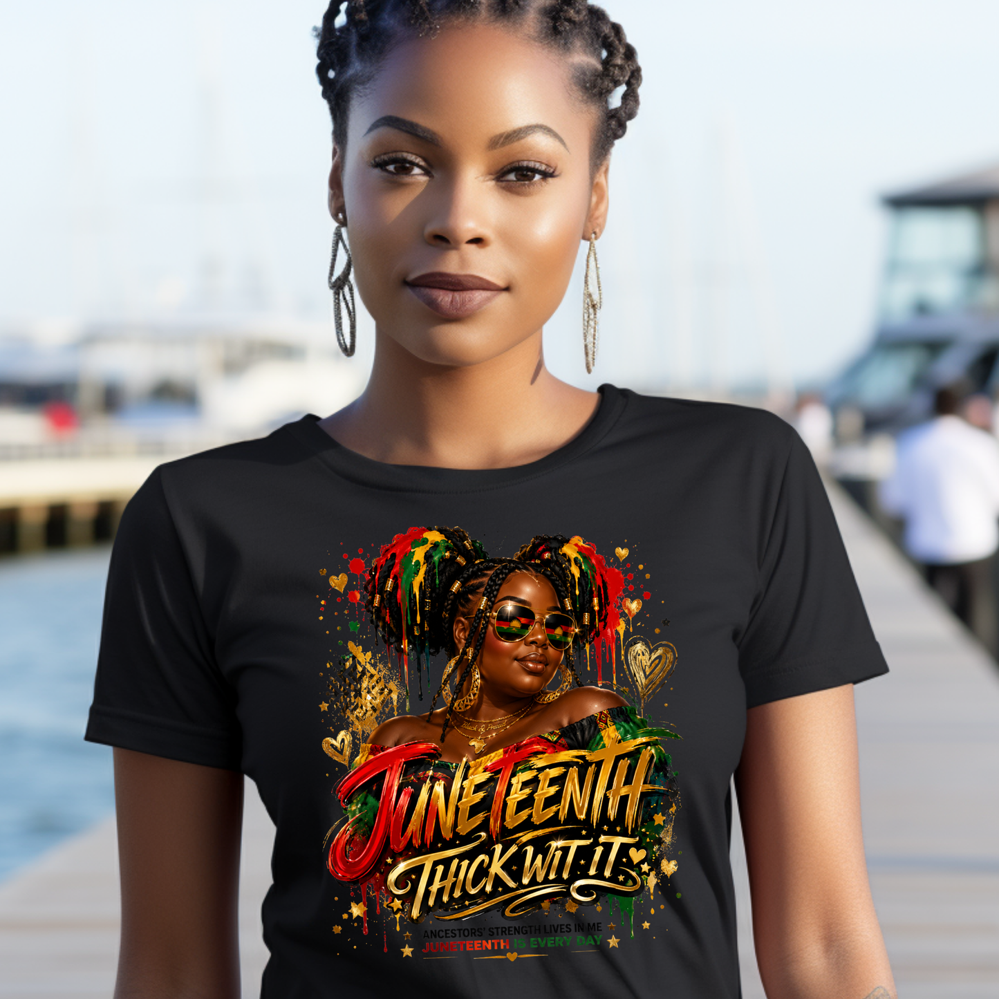 Woman wearing Thick Wit It Juneteenth Heritage graphic tee on a black t-shirt