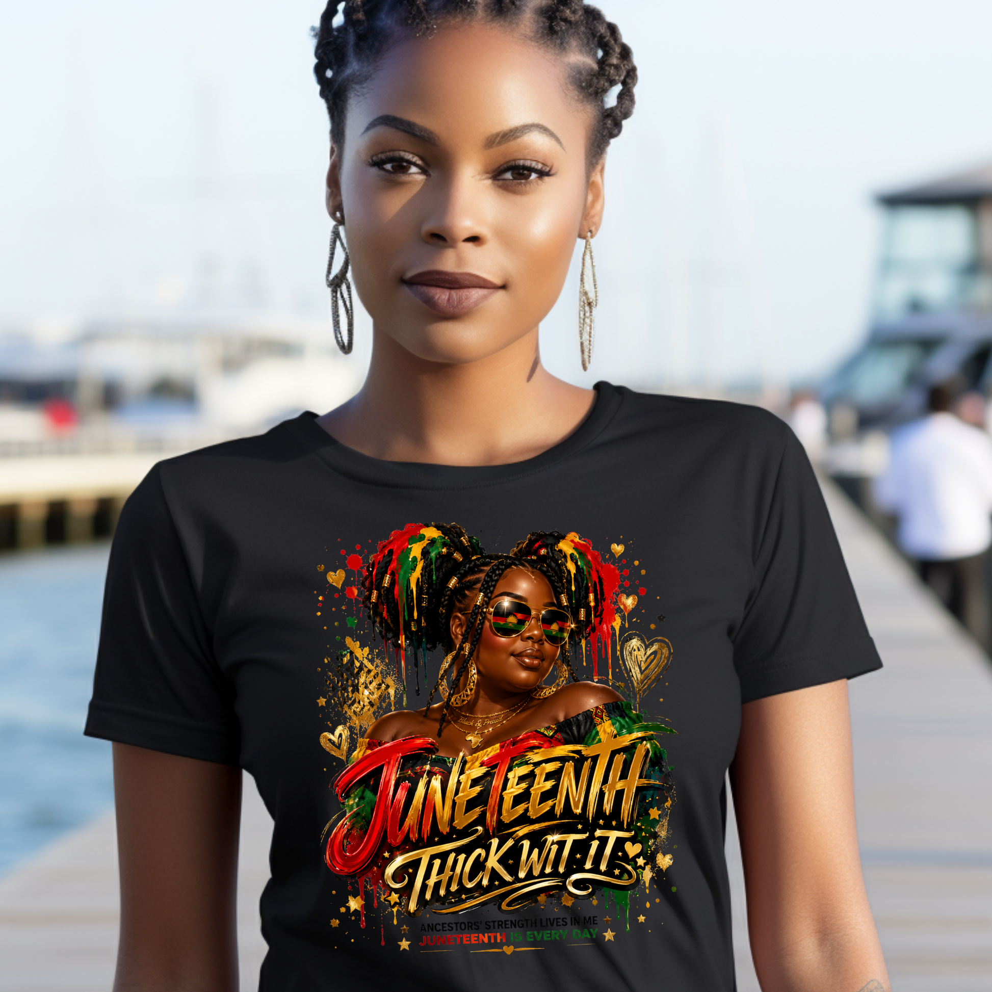 Woman wearing Thick Wit It Juneteenth Heritage graphic tee on a black t-shirt