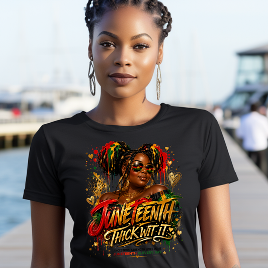 Woman wearing Thick Wit It Juneteenth Heritage graphic tee on a black t-shirt