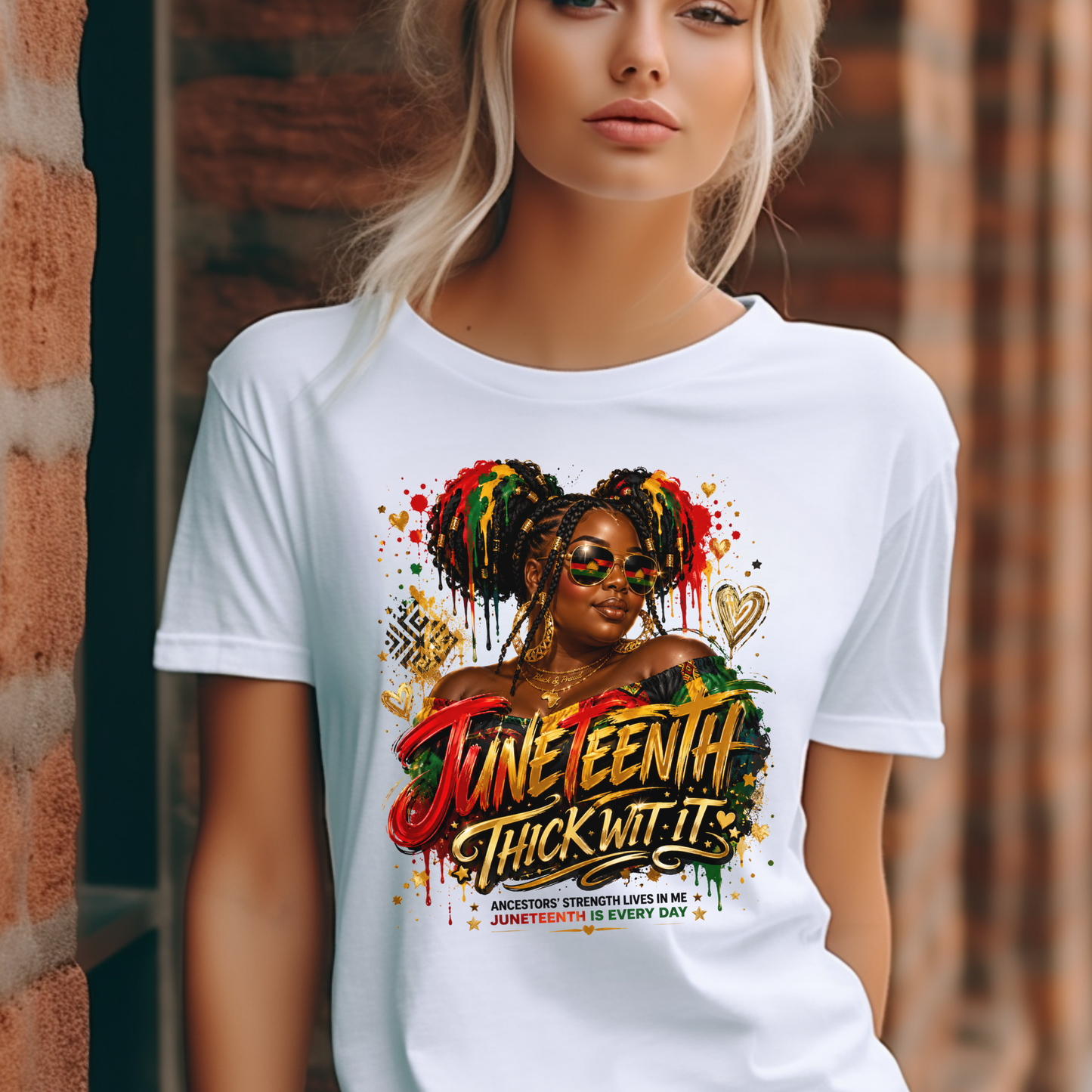 Woman wearing Thick Wit It Juneteenth Heritage graphic tee on a white t-shirt