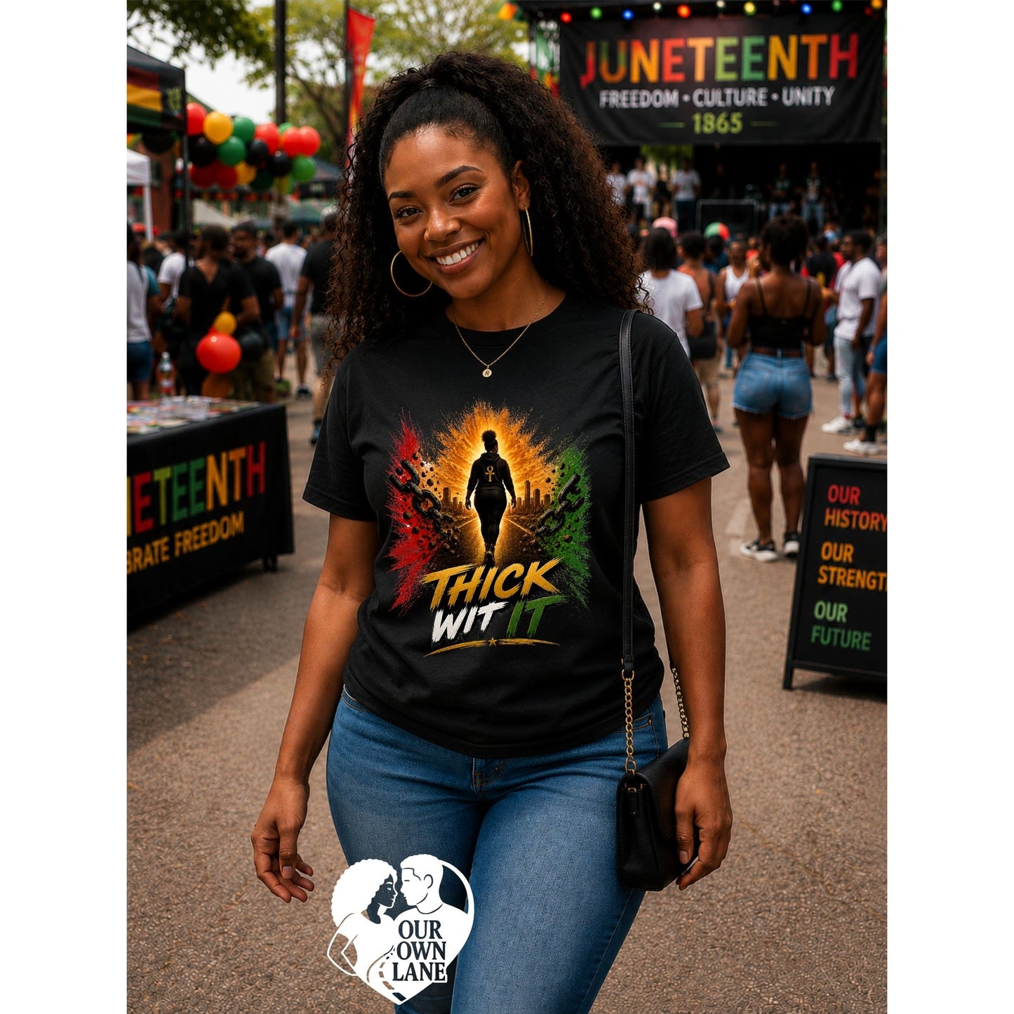 Smiling Black female model wearing a black Juneteenth t-shirt featuring the Thick Wit It graphic with bold red, gold, green artwork representing strength, culture, and confidence.