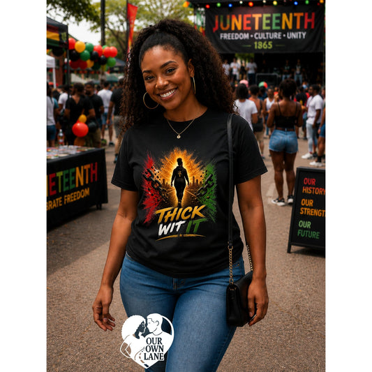 Smiling Black female model wearing a black Juneteenth t-shirt featuring the Thick Wit It graphic with bold red, gold, green artwork representing strength, culture, and confidence.