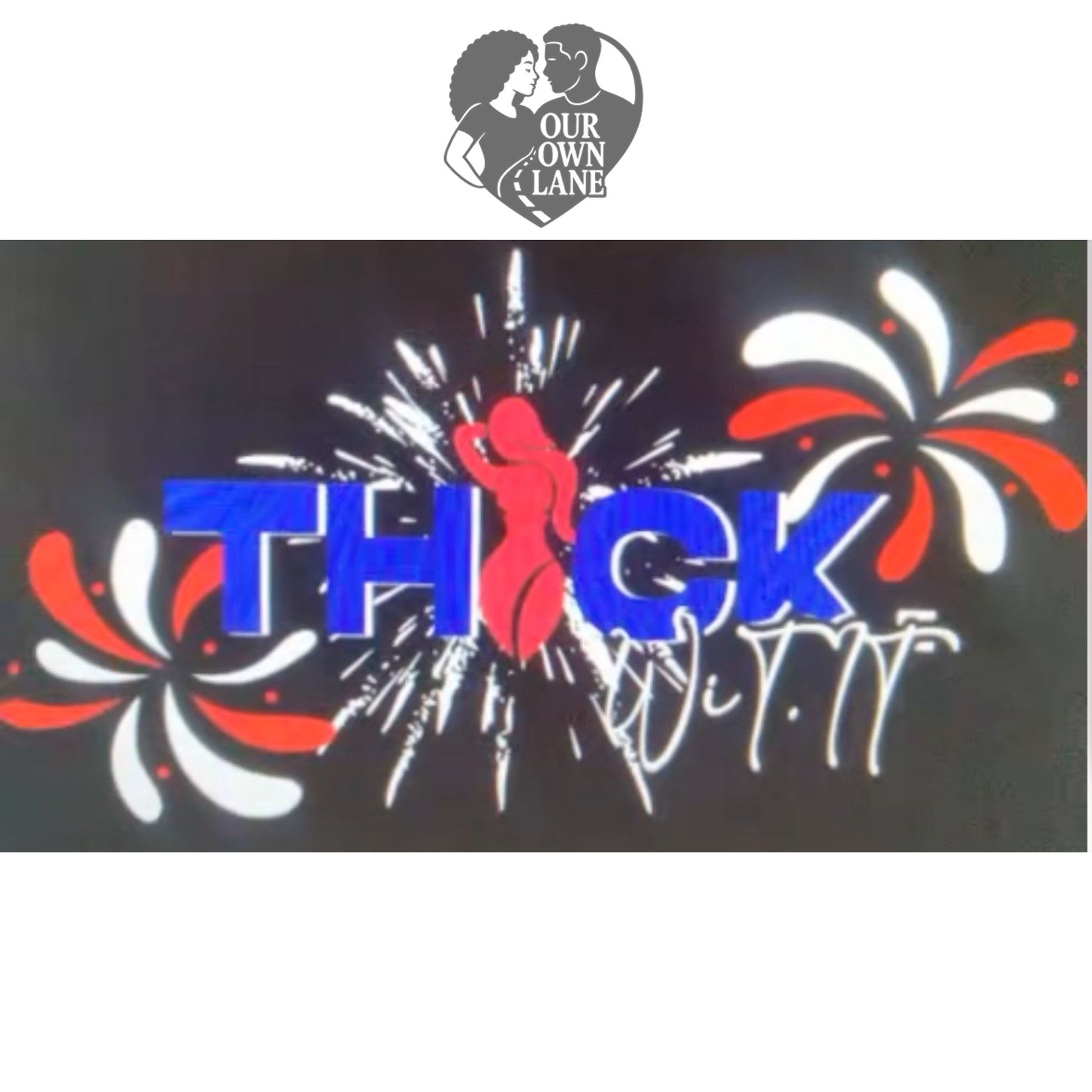 Red white and blue Thick W It patriotic graphic with fireworks and curvy silhouette design