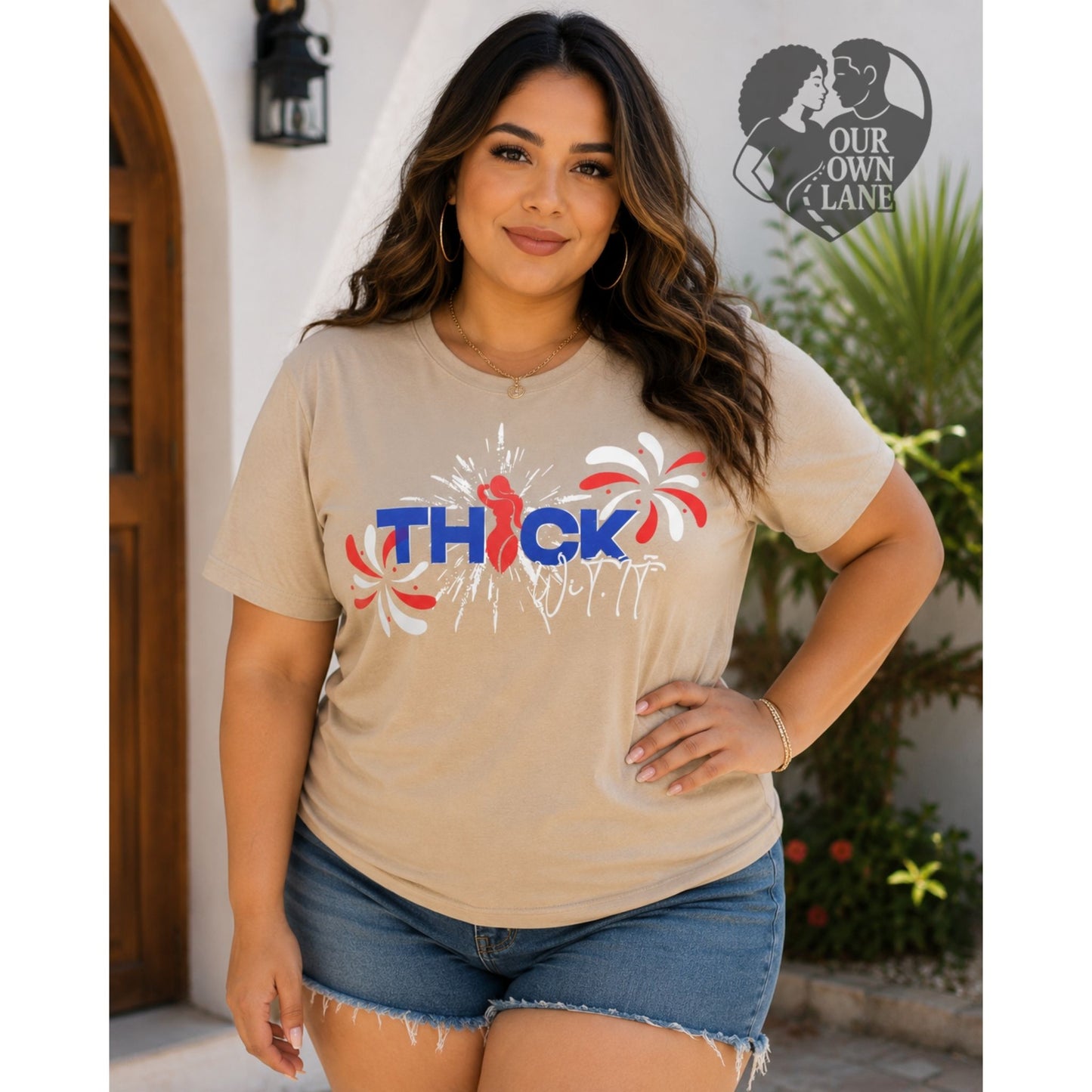Male model wearing gray Thick W It patriotic graphic t-shirt by Our Own Lane
