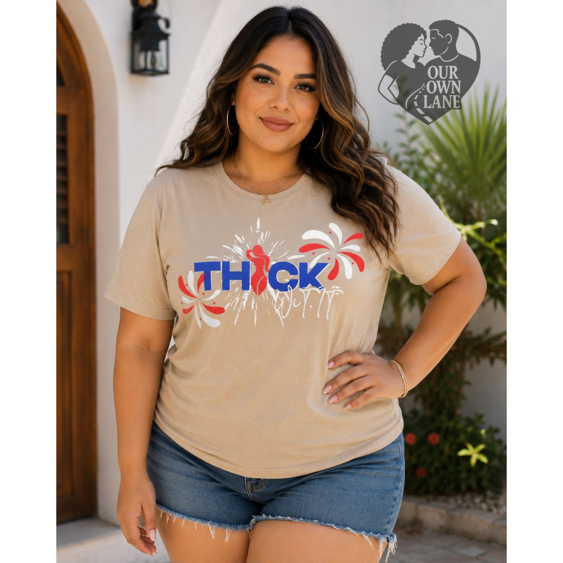 Male model wearing gray Thick W It patriotic graphic t-shirt by Our Own Lane
