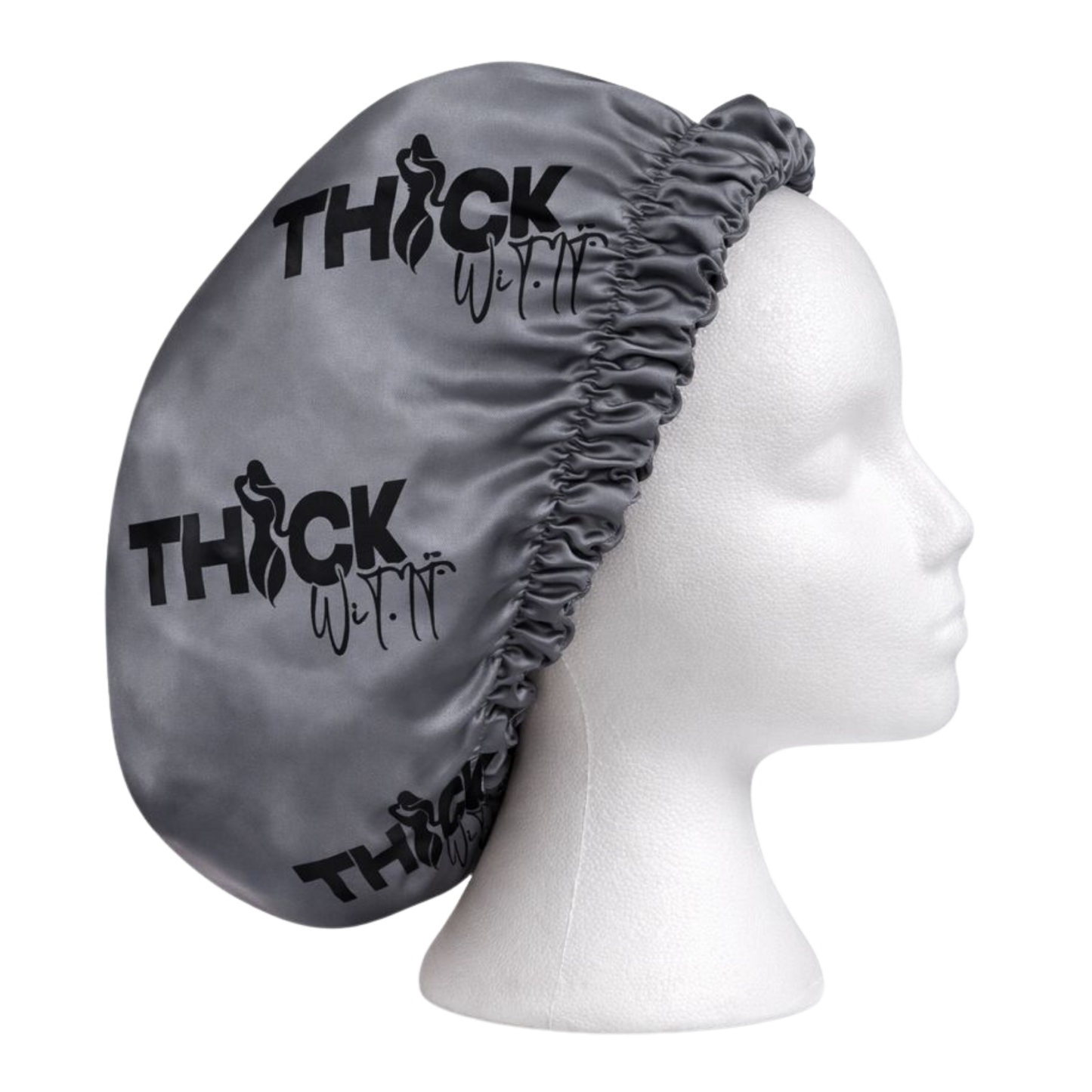 Dark grey satin hair bonnet with Thick Wit It logo shown from side view