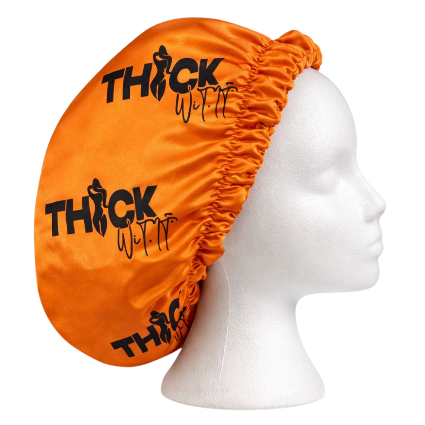 Orange satin hair bonnet with Thick Wit It logo shown from side view