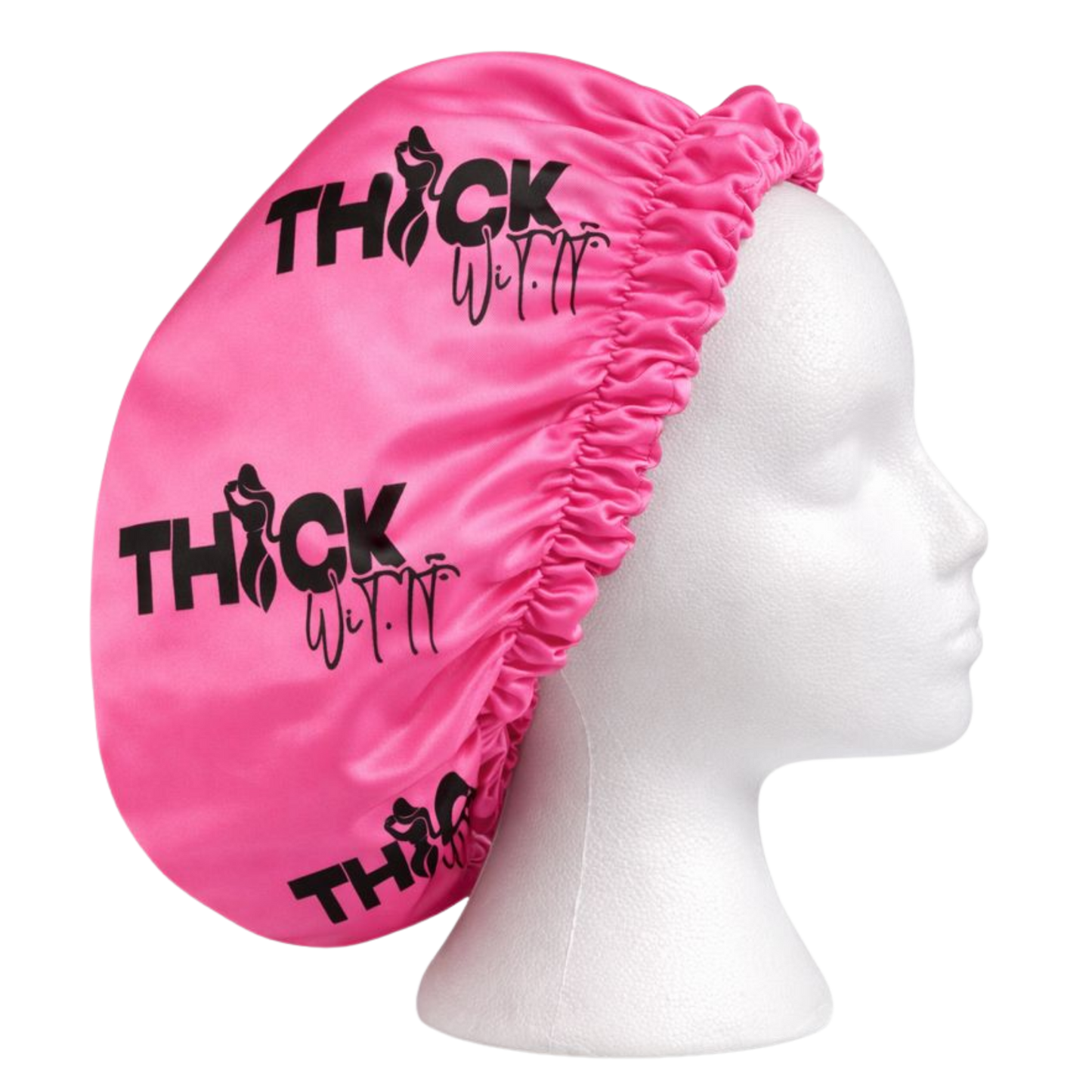 Pink satin hair bonnet with Thick Wit It logo shown from side view
