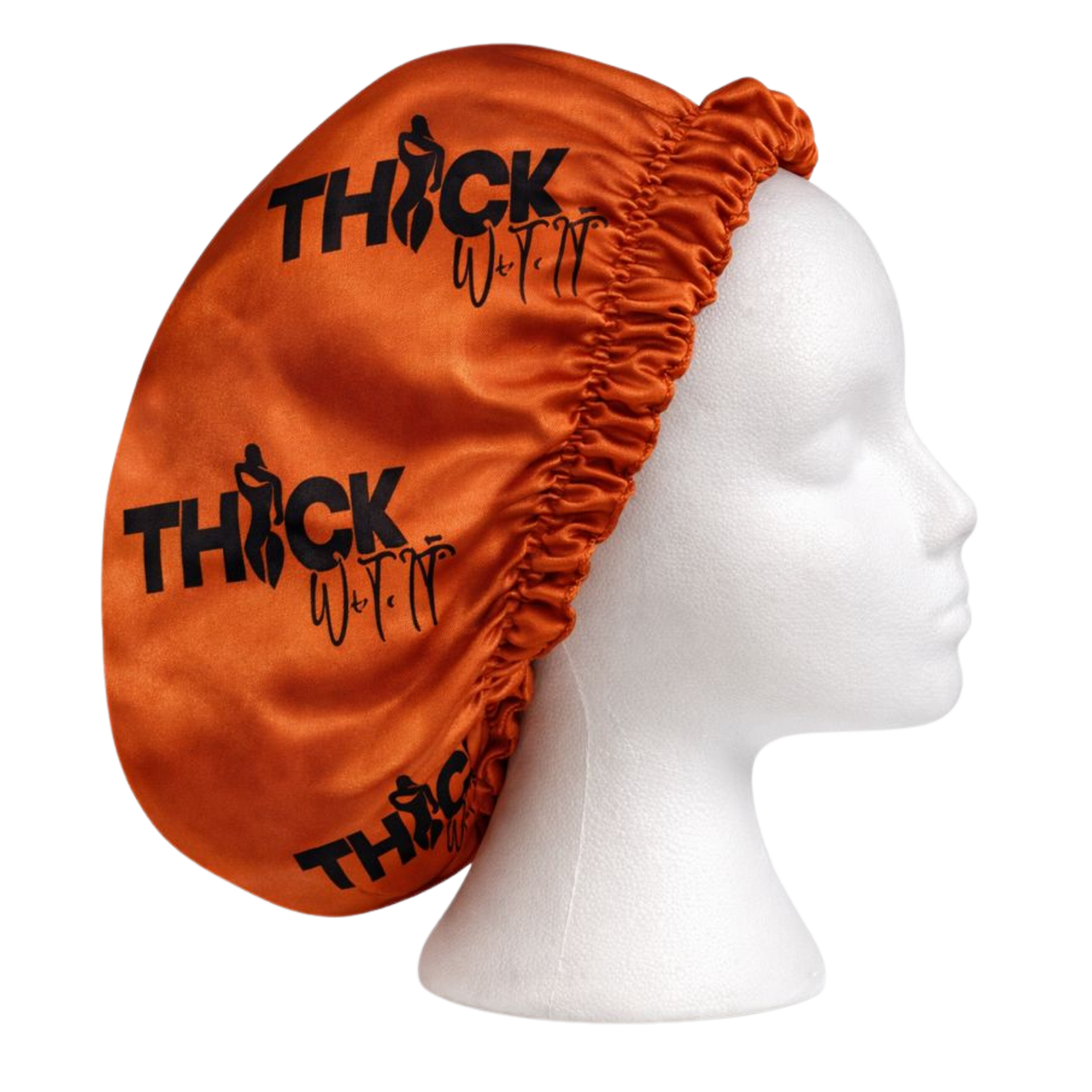 Rust satin hair bonnet with Thick Wit It logo shown from side view