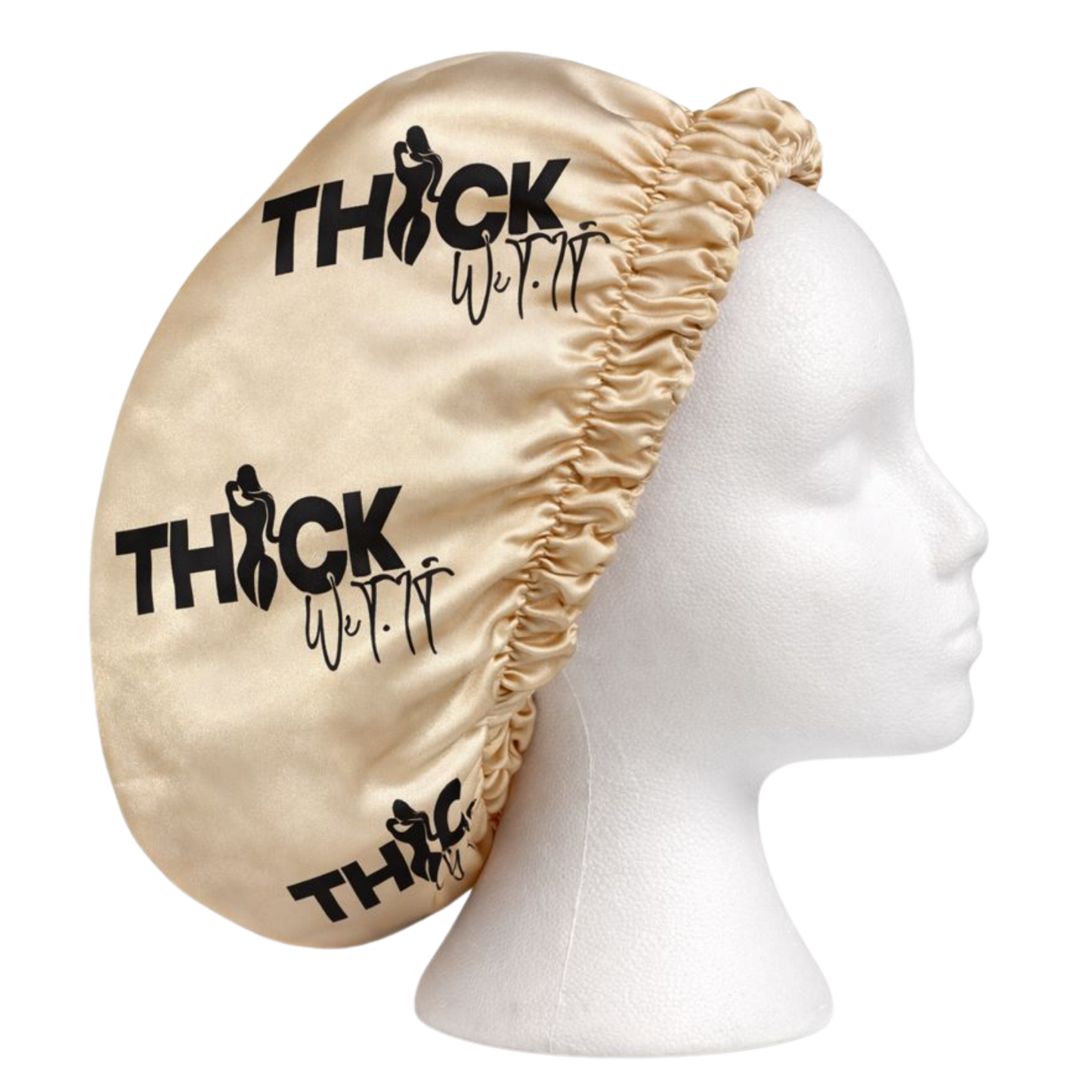 Tan satin hair bonnet with Thick Wit It logo shown from side view